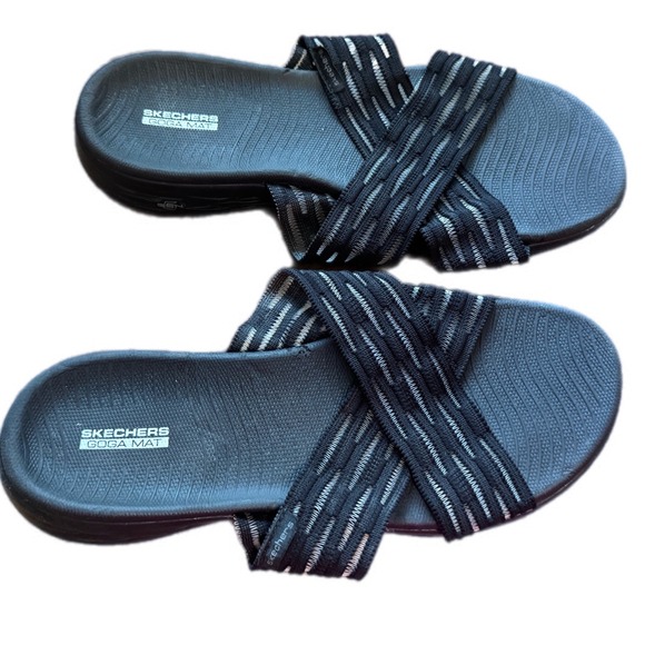 Skechers Shoes - Skechers Slide Sandals Womens 10 Black Excellent Goga Mat Cross Strap On-the-Go